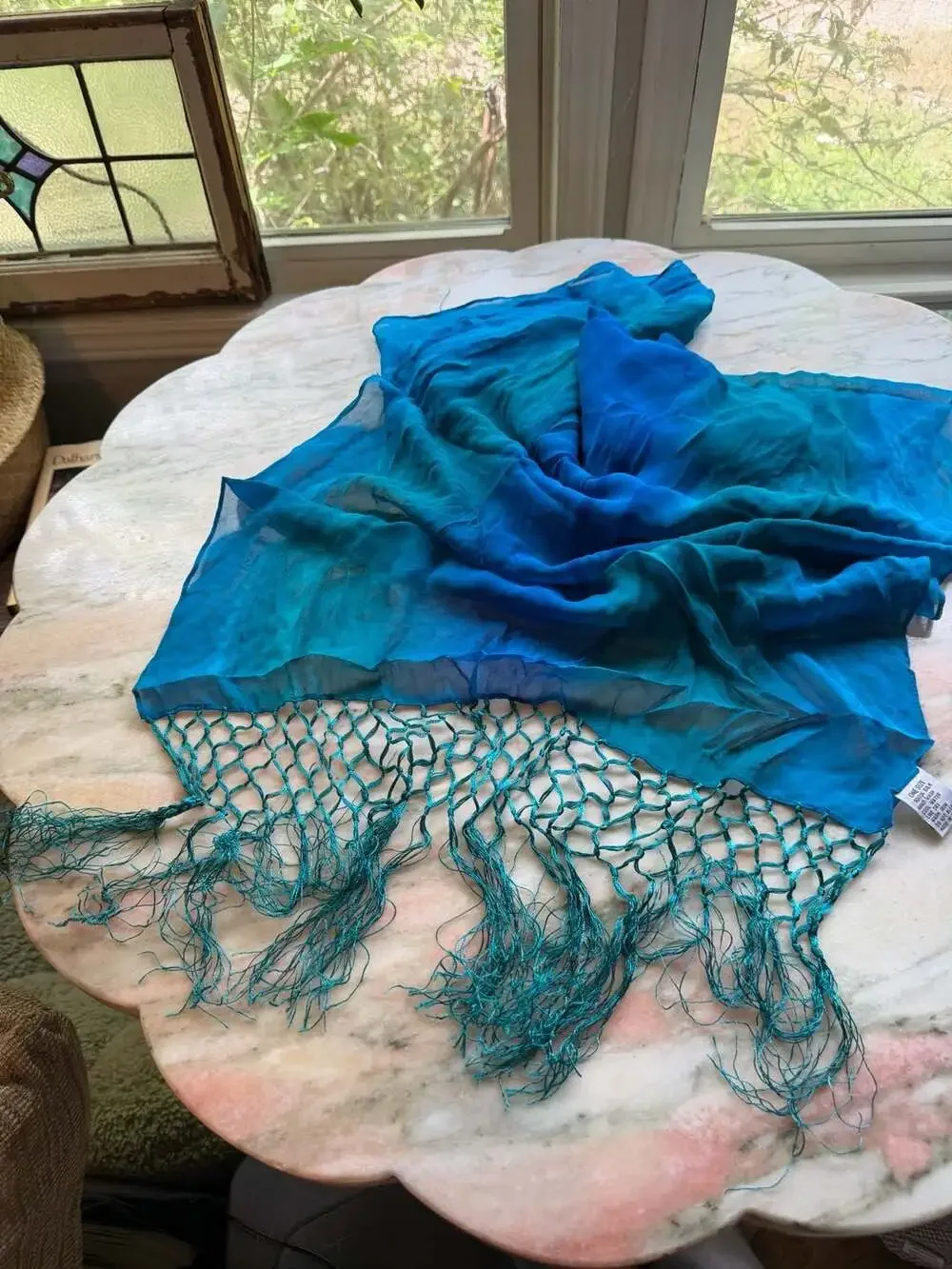 Blue Ombre 100% Silk Scarf with Crochet Fishnet Fringe